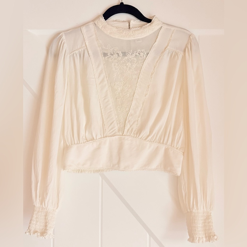 Joie Cream Lace Inset Smocked Textured Blouse XS Cottagecore Romantic Boho